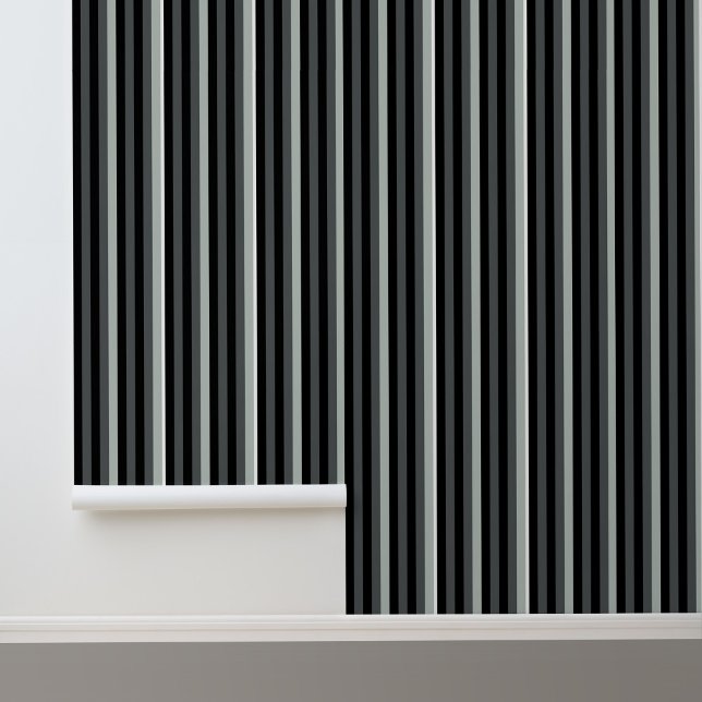 Modern Trendy Black Gray Stripes Pattern  Wallpaper (Stylish Modern Black and Gray Stripes Peel and Stick Wallpaper.)