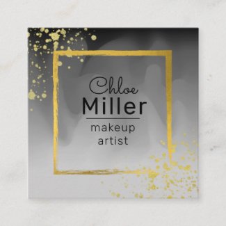 Modern Trendy Black Grey Gold Square Makeup Artist Square Business Card