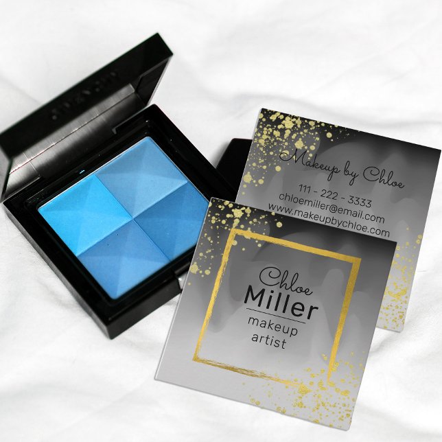 Modern Trendy Black Grey Gold Square Makeup Artist Square Business Card (Creator Uploaded)
