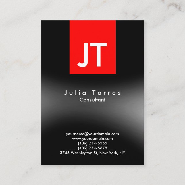 Modern Trendy Black Grey Red Monogram Business Card (Front)