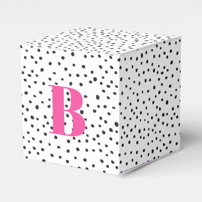 Modern Trendy Black Polka Dot Large Pink Initial Favor Boxes (Front Side)