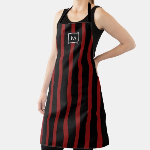 Modern trendy black rustic red stripes monogrammed apron