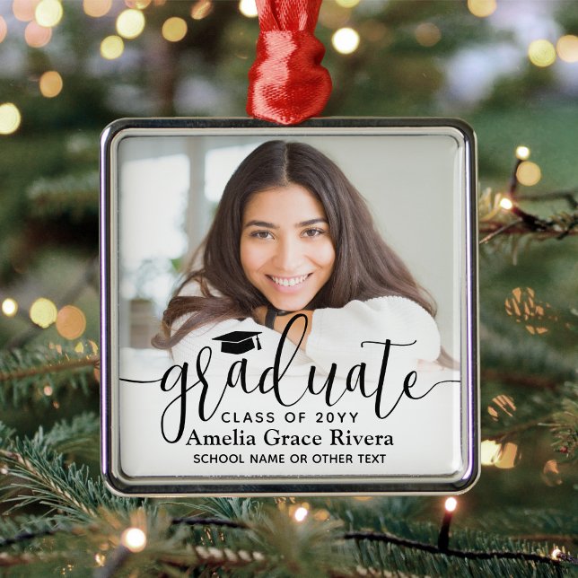 Modern Trendy Black Script Graduate Elegant Photo Metal Ornament (Creator Uploaded)