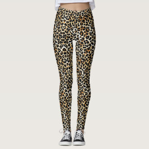 Modern Trendy Black Tan White Leopard Print Leggings