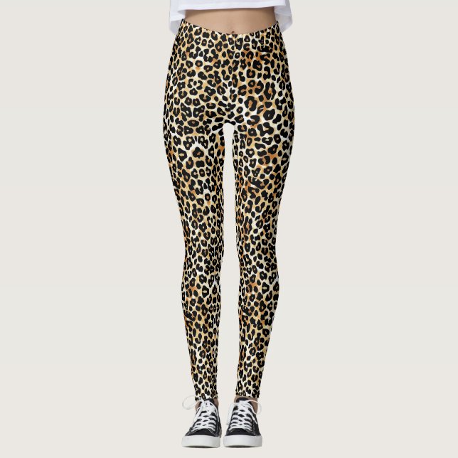 Modern Trendy Black Tan White Leopard Print Leggings (Front)