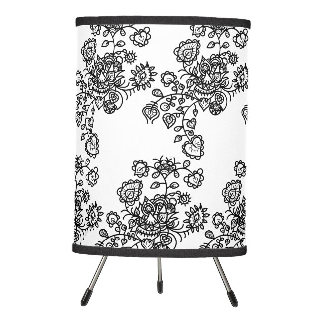 Modern Trendy Black & White Lace Pattern Tripod Lamp (Front)