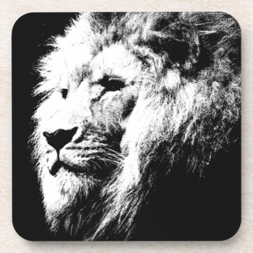 Modern Trendy Black  White Pop Art Lion Template Beverage Coaster