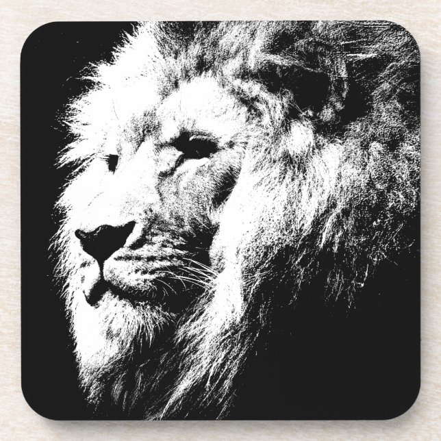 Modern Trendy Black & White Pop Art Lion Template Beverage Coaster (Front)