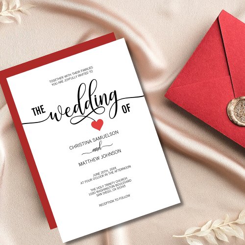 Modern Trendy Black White  Red Heart Wedding Invitation