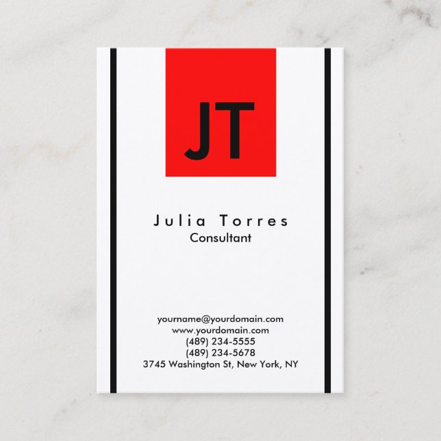 Modern Trendy Black White Red Monogram Business Card (Front)