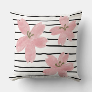 Modern trendy black white stripes japanese floral  throw pillow