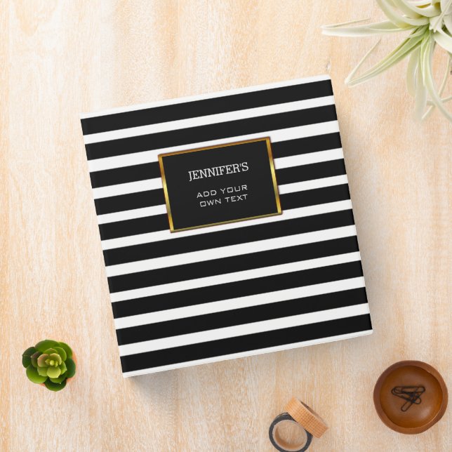 Modern trendy black white stripes personal 3 ring binder (In Situ)