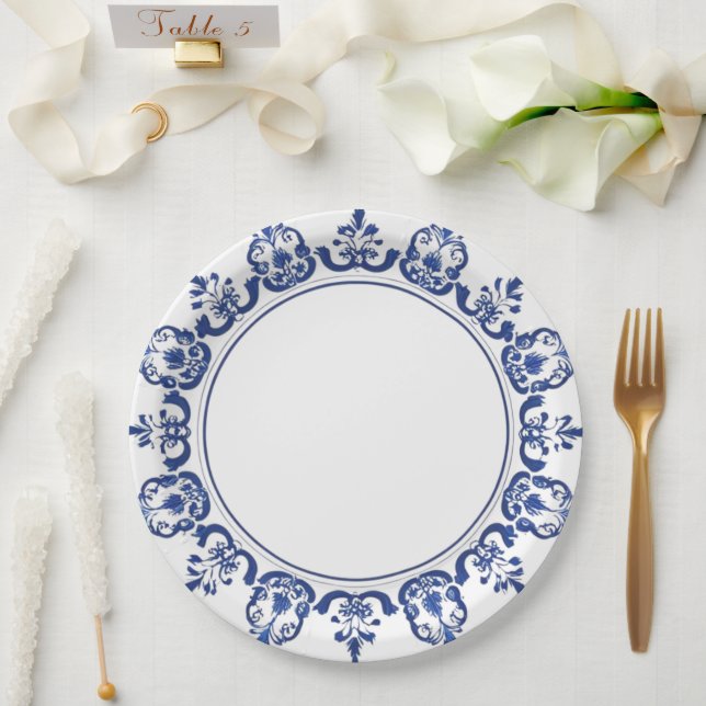 Modern trendy Blue and White Porcelain chinoiserie Paper Plates (Wedding)