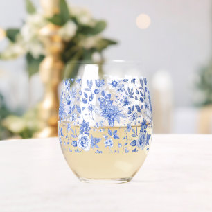 Modern trendy Blue and White Porcelain chinoiserie Stemless Wine Glass