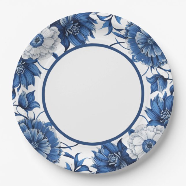 Modern trendy Blue and White Porcelain Paper Plates (Front)