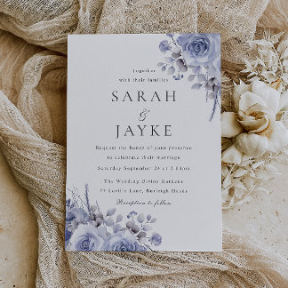 Modern Trendy Blue Boho Floral Wedding Invitation