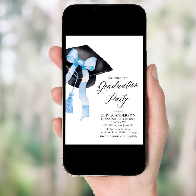 Modern Trendy Blue Bow Graduation Cap Arched Invitation (Front Digital)