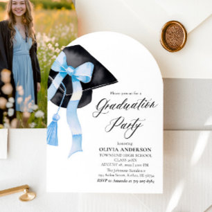 Modern Trendy Blue Bow Graduation Cap Arched Invitation