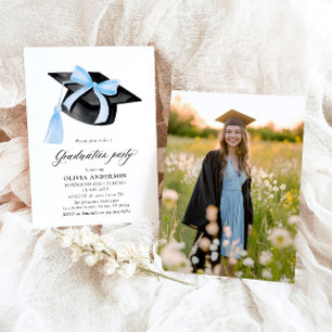 Modern Trendy Blue Bow Graduation Cap Graduation Invitation