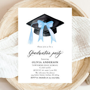 Modern Trendy Blue Bow Graduation Cap Graduation Invitation