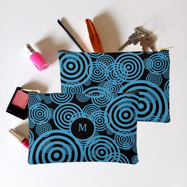 Modern, trendy blue circles on black monogram  accessory pouch (Creator Uploaded)