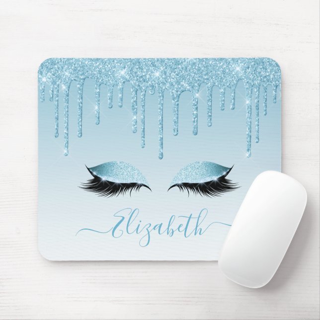 Modern Trendy Blue Glitter Lashes Stylish Script Mouse Pad (With Mouse)