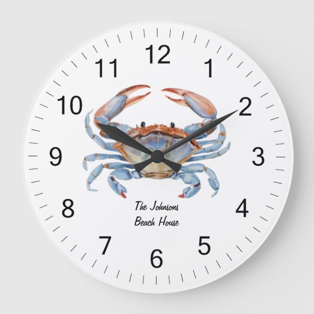 Modern Trendy Blue Watercolor Crab Summer Beach Large Clock (Front)