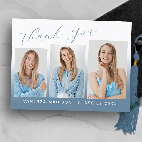 Modern Trendy Blue  White 3 Photo Grad Thank You Postcard