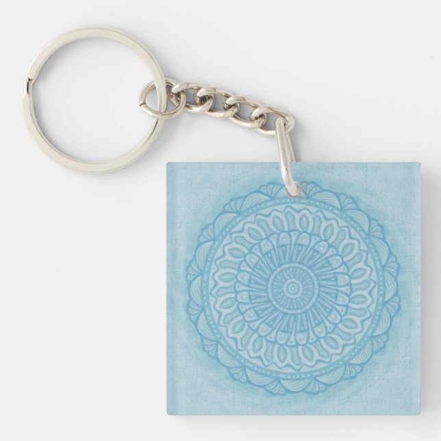 Modern trendy blue white and turquoise boho design keychain (Front)
