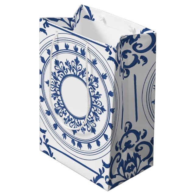 Modern trendy Blue White chinoiserie flower party Medium Gift Bag (Back Angled)
