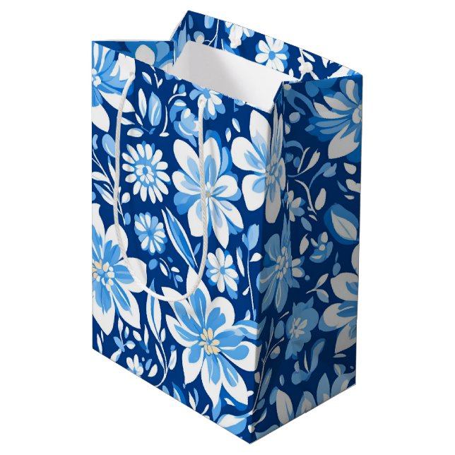 Modern trendy Blue White chinoiserie flower party Medium Gift Bag (Back Angled)