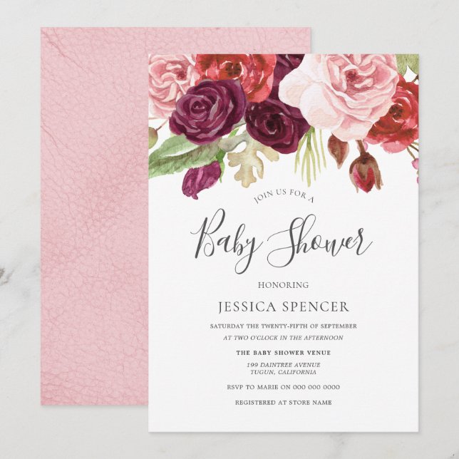 Modern Trendy Blush Floral Baby Shower Invite (Front/Back)