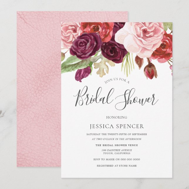 Modern Trendy Blush Floral Bridal Shower Invite (Front/Back)