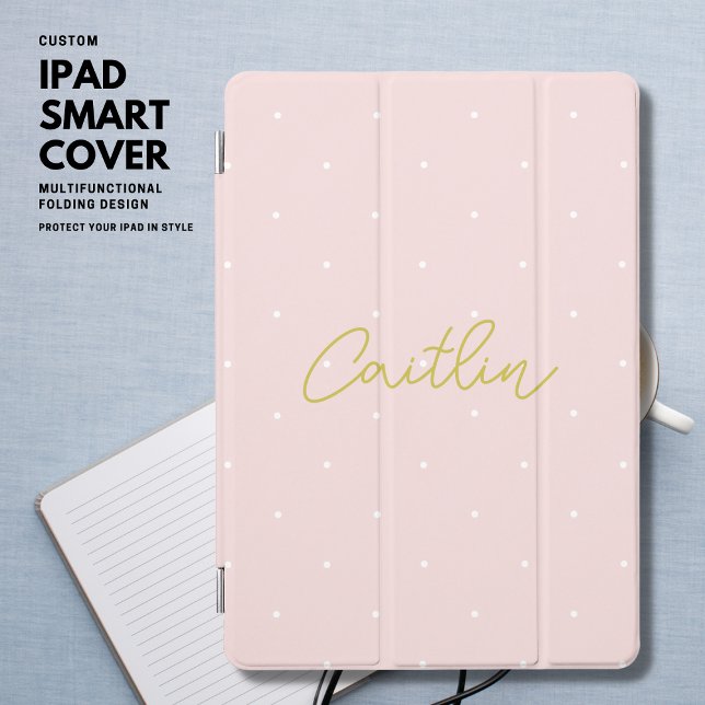 Modern Trendy Blush Pink and Gold Polka Dot Script iPad Pro Cover (Creator Uploaded)