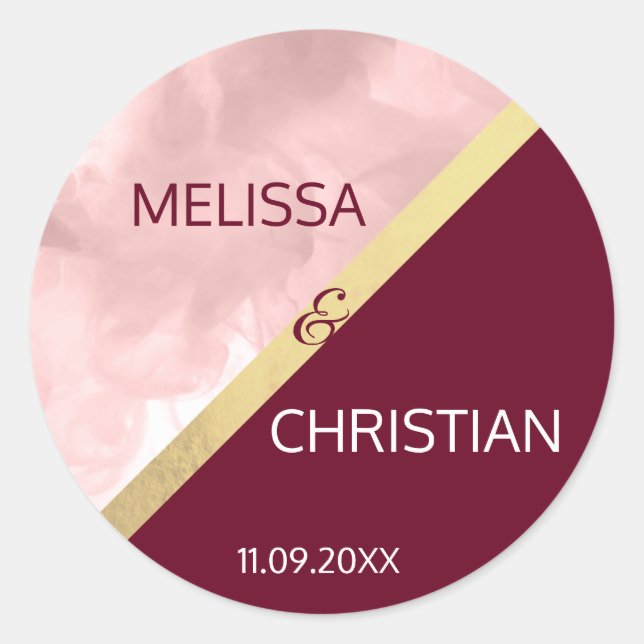 Modern Trendy Blush Pink & Burgundy Gold Wedding Classic Round Sticker (Front)