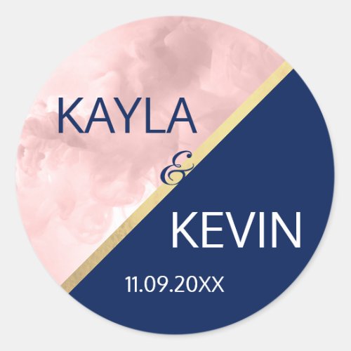 Modern Trendy Blush Pink Navy Blue Gold Wedding Classic Round Sticker