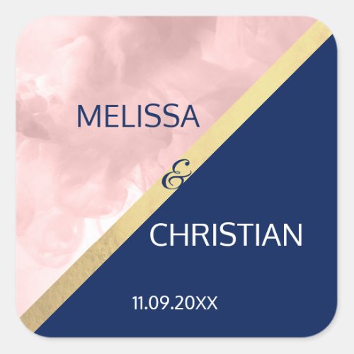 Modern Trendy Blush Pink Navy Blue Gold Wedding Square Sticker