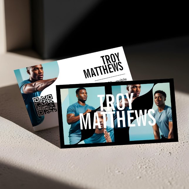 Modern Trendy Bold Personal Trainer Fitness Coach Business Card (Trendy Wavy Photo Frame Personal Trainer Fitness Business Card)