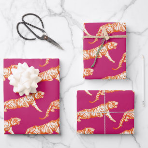 Modern Trendy Bright Orange Tiger Hot Pink  Wrapping Paper Sheets