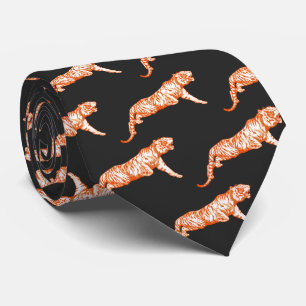 Modern Trendy Bright Orange Tiger on Black Neck Tie