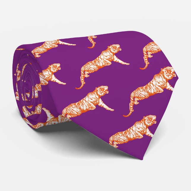 Modern Trendy Bright Orange Tiger on Purple Neck Tie (Rolled)