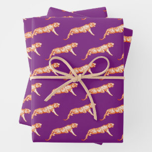 Modern Trendy Bright Orange Tiger on Purple Wrapping Paper Sheets