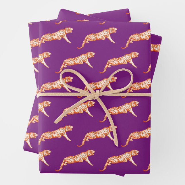 Modern Trendy Bright Orange Tiger on Purple Wrapping Paper Sheets (In situ)