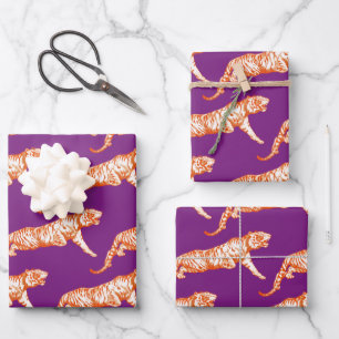 Modern Trendy Bright Orange Tiger on Purple Wrapping Paper Sheets