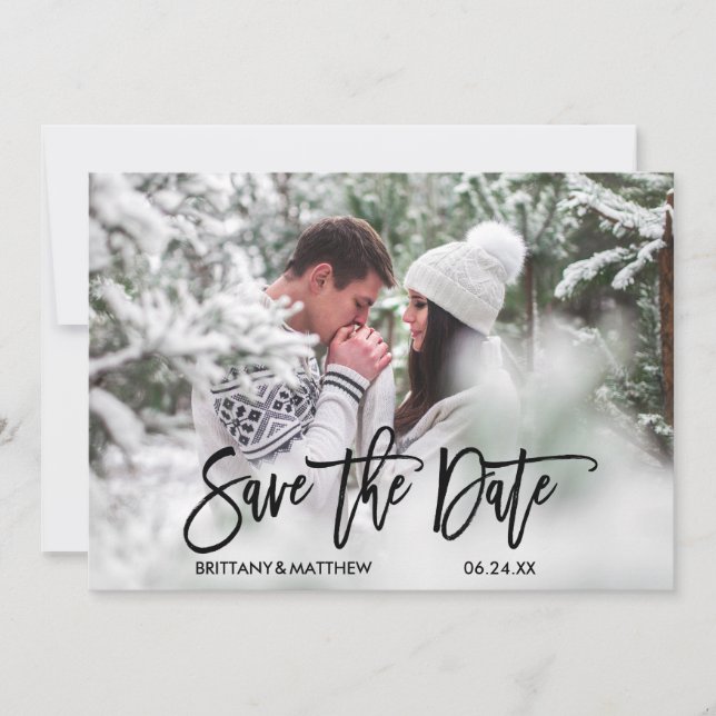 Modern Trendy Brush Script Couple Photo Engagement Save The Date (Front)