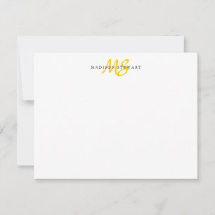 Modern Trendy Brush Script Lemon Yellow Monogram Note Card