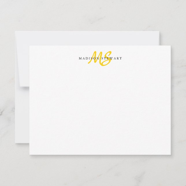 Modern Trendy Brush Script Lemon Yellow Monogram Note Card (Front)