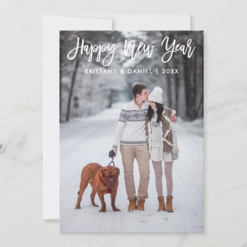 Modern Trendy Brush Script Photo Happy New Year Holiday Card