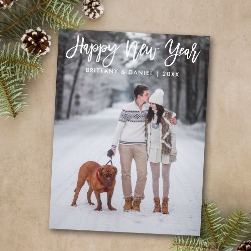 Modern Trendy Brush Script Photo Happy New Year Postcard