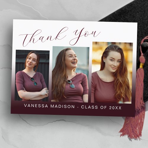 Modern Trendy Burgundy Red 3 Photo Grad Thank You Postcard